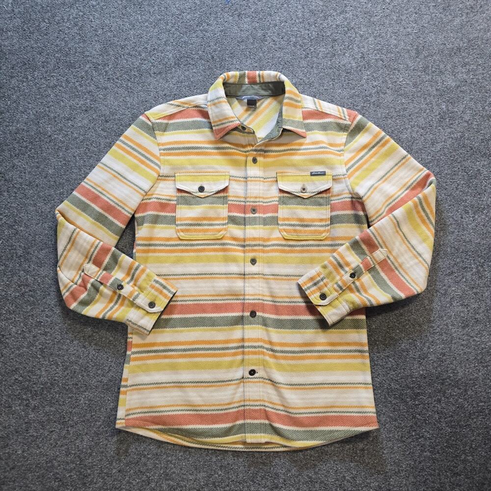Eddie Bauer Shirt Mens Small Yellow Green Striped Fleece Button Western Casual